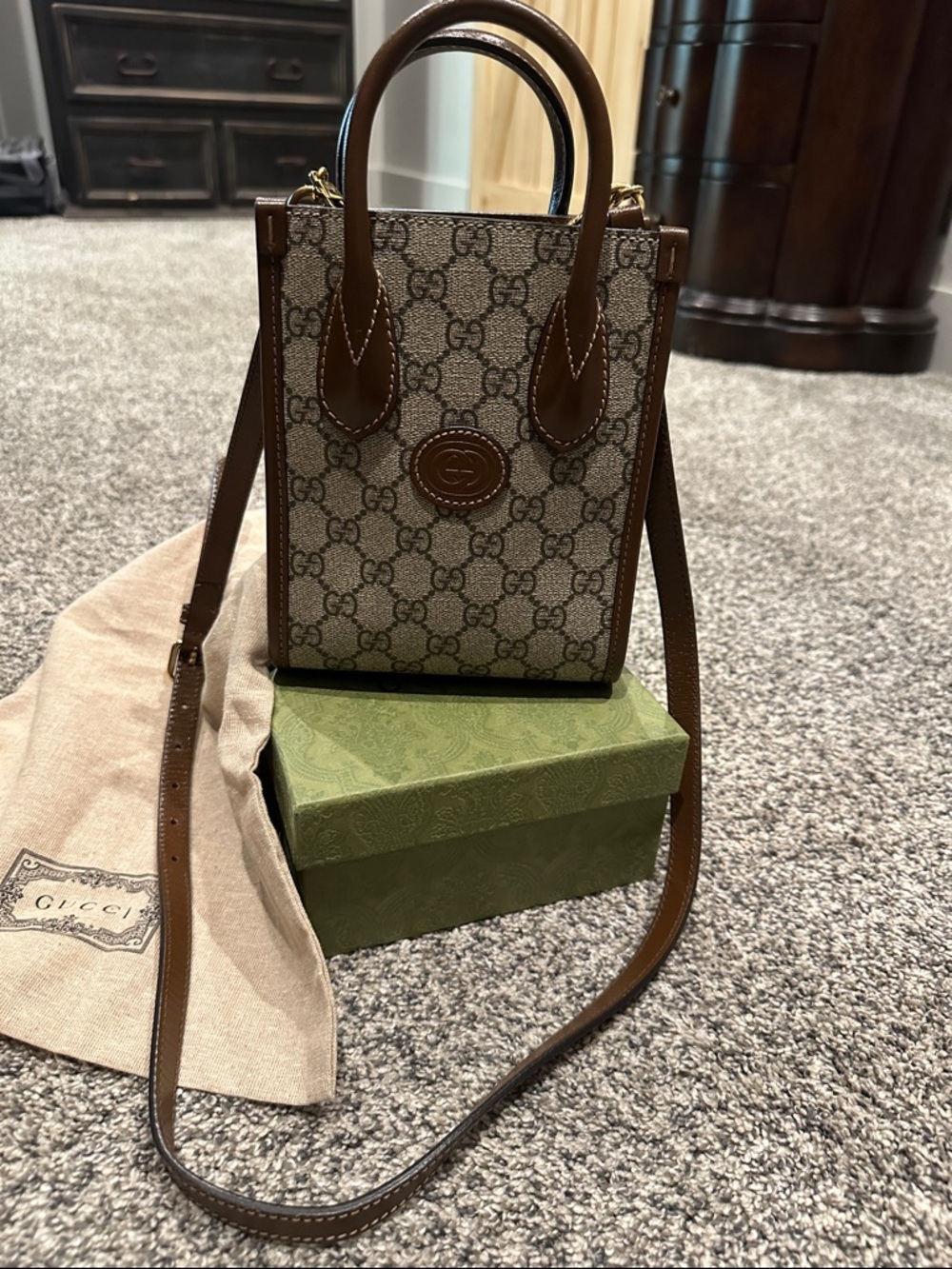 Gucci Brown GG Canvas Mini Tote with Brown Leather Trim